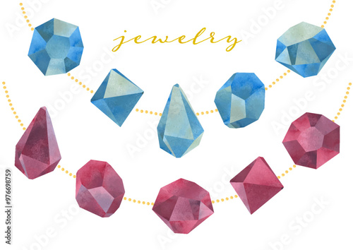 Red and blue gemstones drawn in watercolor	