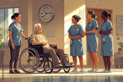 Doctors in nursing homes and elderly people in wheelchairs