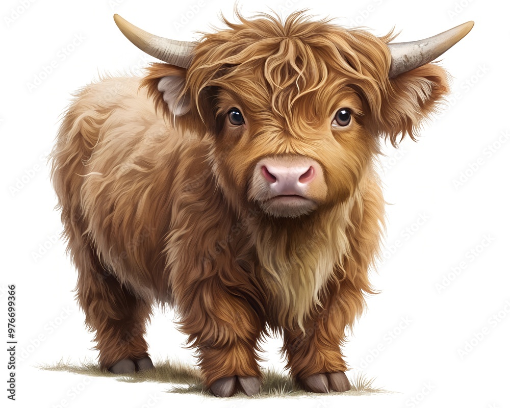 Baby highland cow realistic illustration isolated on white background Baby highland cow realistic illustration isolated on white background