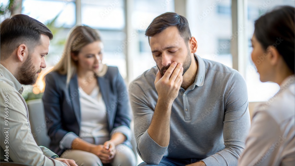 Obraz premium Man Feeling Overwhelmed in Support Circle - A man looking overwhelmed in a support circle.