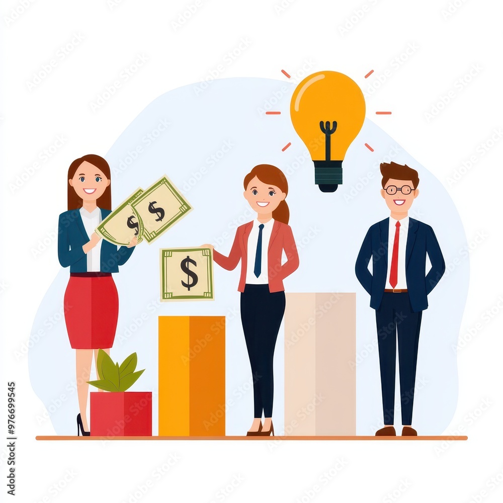 Business professionals showcasing financial growth with money and a light bulb symbolizing innovative ideas. Business professionals showcasing financial growth with money and a light bulb symbolizing innovative ideas.