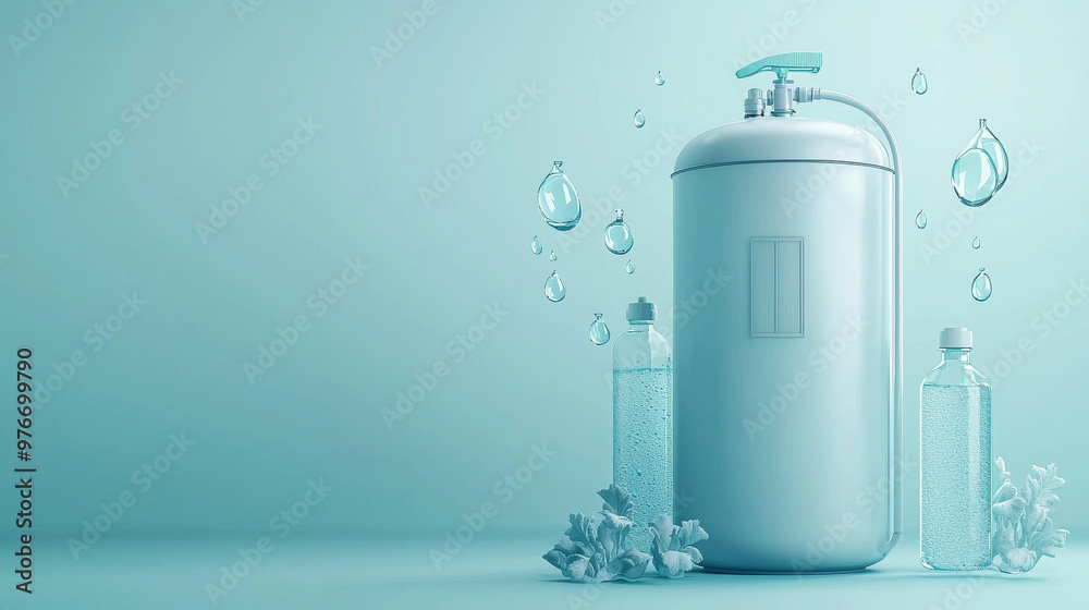 3D illustration of a sleek water filtration system, with clean water droplets and eco-friendly labels hovering around, set on a pastel cyan background, representing sustainable water management 3D illustration of a sleek water filtration system, with clean water droplets and eco-friendly labels hovering around, set on a pastel cyan background, representing sustainable water management