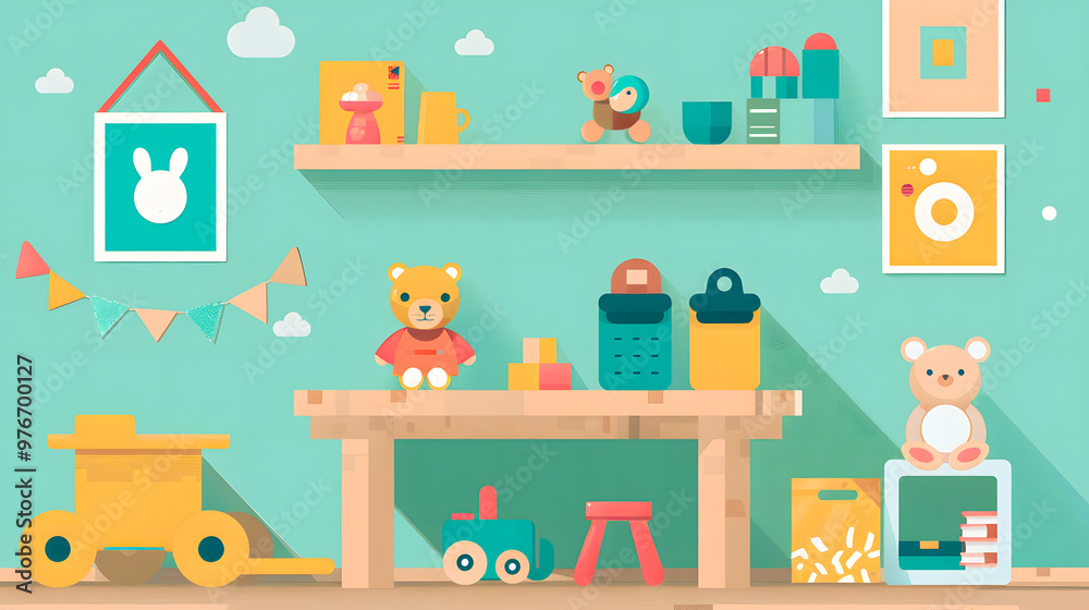 Set of different cute toys on wooden table in children's room Set of different cute toys on wooden table in children's room