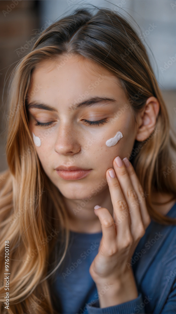 Young woman applying skincare cream on face, close-up portrait Young woman applying skincare cream on face, close-up portrait