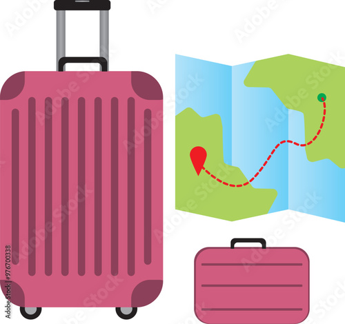 Travel flat lay. Pink suitcase and travel map. holiday and suitcase.
