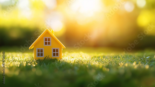 A cheerful yellow miniature house on a field of green grass with a glowing bokeh background, evoking themes of real estate, home investment, and financial stability. photo