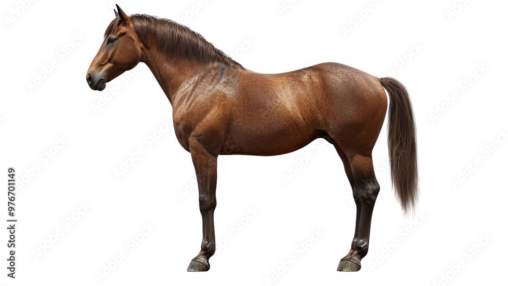 Isolated horse in a standing pose, isolated on transparent background, PNG file, showing detailed mane and tail, Isolated horse in a standing pose, isolated on transparent background, PNG file, showing detailed mane and tail,