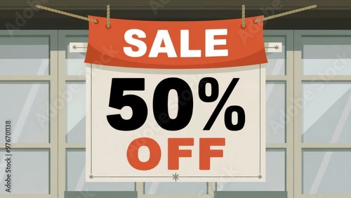 Large sale banner on storefront window. Modern design. Retail promotion. Marketing application. Ideal for advertising, signs, prints