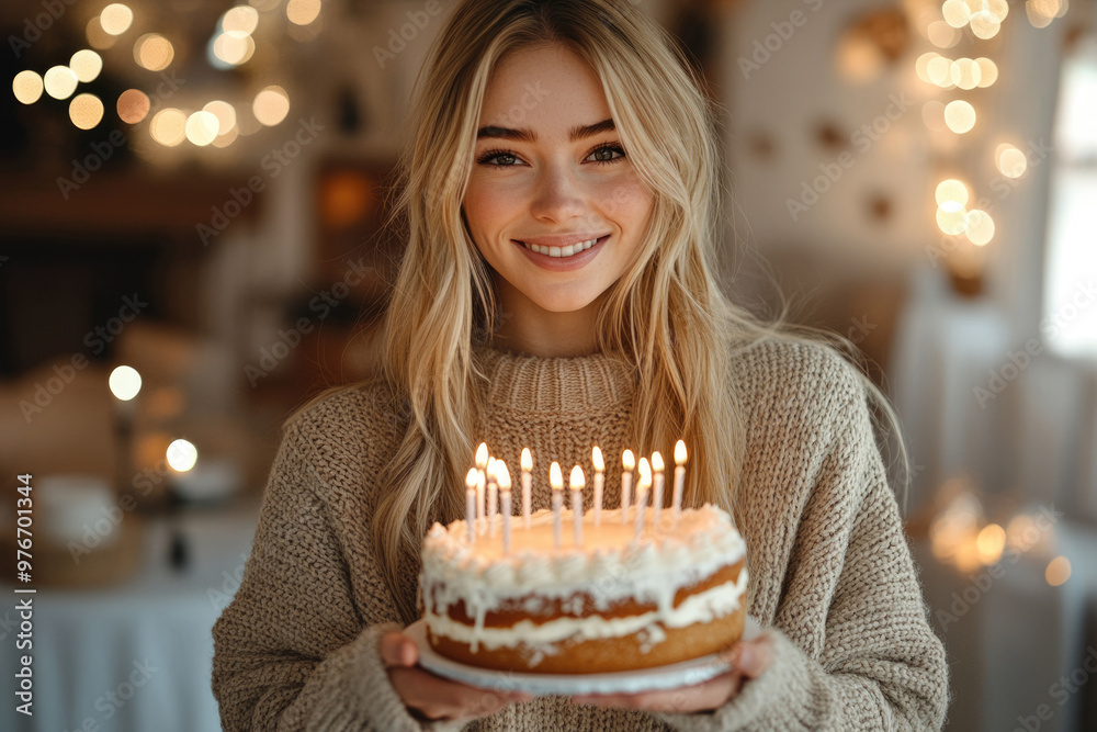 A young woman holding a birthday cake A young woman holding a birthday cake