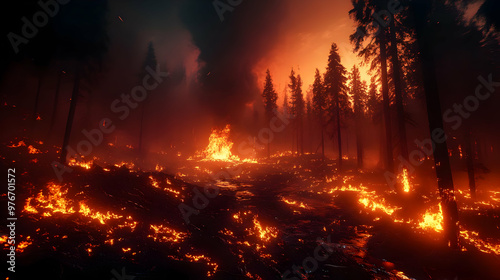 Intense Wildfire Burning Through a Forest at Night with Smoke