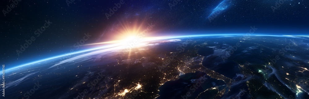 A breathtaking view of Earth from space, with the sun rising over the horizon and illuminating the planet's surface. A breathtaking view of Earth from space, with the sun rising over the horizon and illuminating the planet's surface.