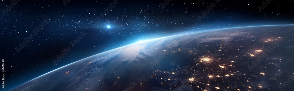 Obraz premium A stunning view of Earth from space, with a bright star shining in the distance and city lights illuminating the night. The planet's curvature is visible, showcasing its beauty and fragility.