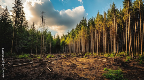 An image of the impact of climate change on forest health with increased pest infestations and tree dieback. photo