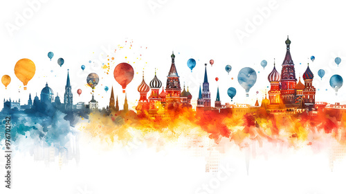 Stylized watercolor drawing with outlines of historical buildings, churches and balloons. Space for text. Template for postcard, banner, advertisement