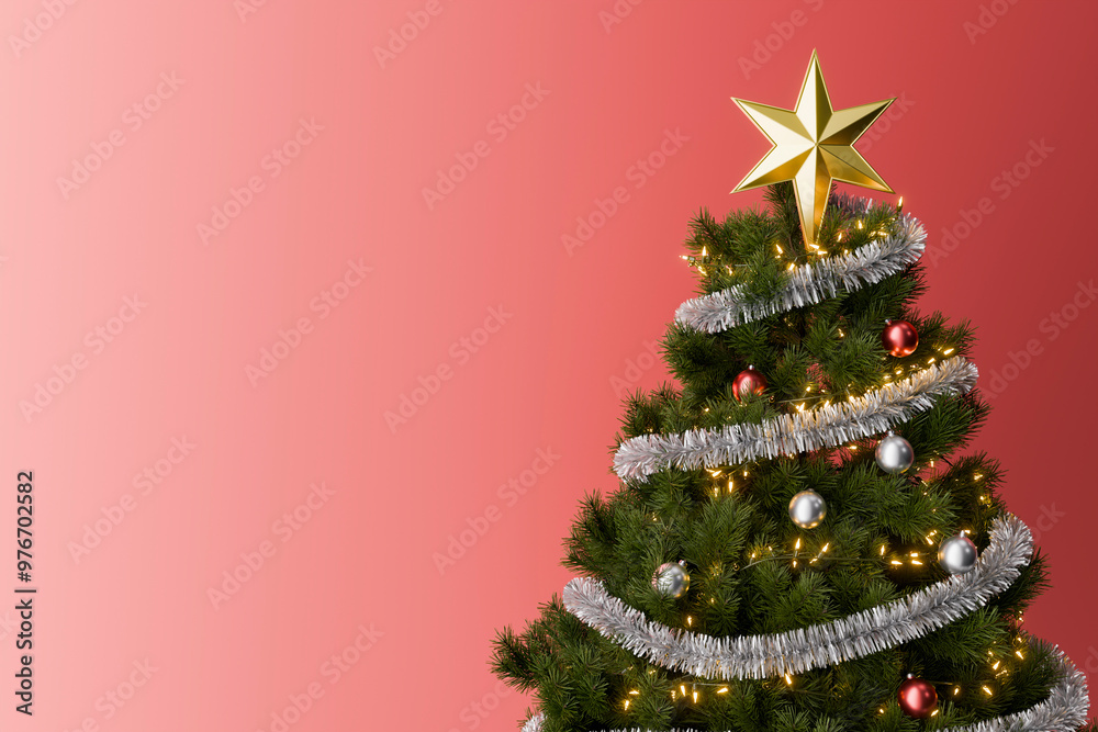Christmas tree with ornaments and lights on red background with copy space Christmas tree with ornaments and lights on red background with copy space