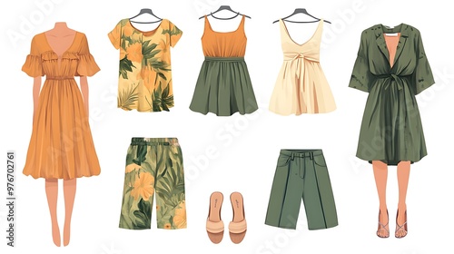 A set of women's clothing, including dresses, shirts, pants, shorts, sandals, and heels.