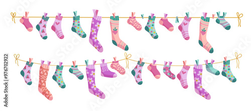 Clothesline socks illustration set. Socks on a rope, Baby socks with patterns vector cartoon.