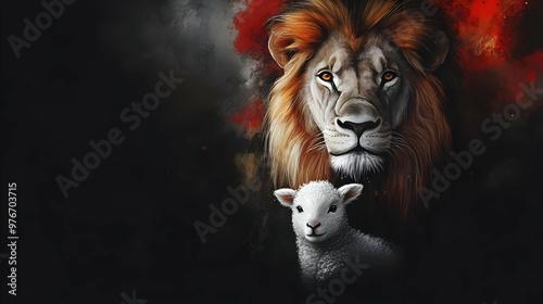 Majestic Lion Guards Innocent Lamb in Dramatic Scene photo