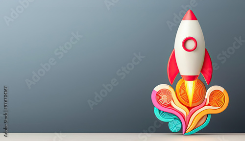 Colorful rocket illustration launching against a minimalist backdrop, symbolizing innovation and exploration.