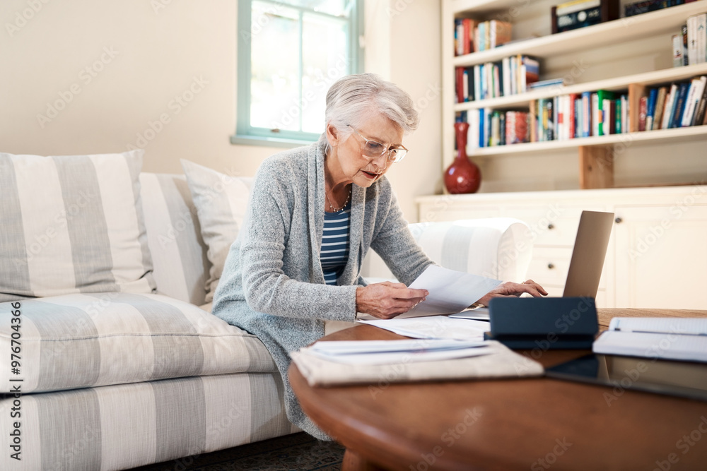 Senior woman, paperwork and laptop for finance in home, bills and online for banking payment. Female person, asset management and website to review mortgage interest, documents and notes for budget Senior woman, paperwork and laptop for finance in home, bills and online for banking payment. Female person, asset management and website to review mortgage interest, documents and notes for budget