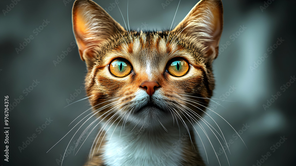 Striped Cat with Piercing Gaze Stares Intently with Yellow Eyes Striped Cat with Piercing Gaze Stares Intently with Yellow Eyes