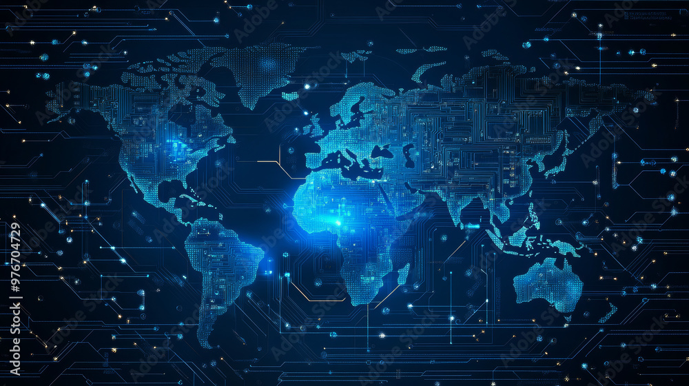 Vector illustration of a technology-themed world map with an abstract circuit board texture. This futuristic circuit board banner features a digital data theme, engineering electronic motherboard. Vector illustration of a technology-themed world map with an abstract circuit board texture. This futuristic circuit board banner features a digital data theme, engineering electronic motherboard.
