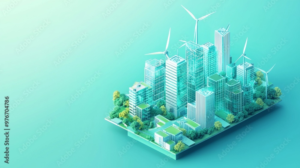 3D illustration of a smart city with transparent skyscrapers, green rooftops, and wind turbines scattered around, hovering over a gradient teal background, highlighting eco-friendly technology 3D illustration of a smart city with transparent skyscrapers, green rooftops, and wind turbines scattered around, hovering over a gradient teal background, highlighting eco-friendly technology