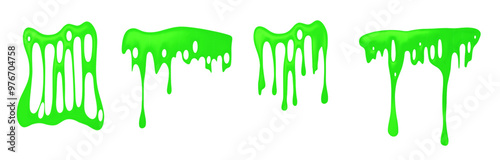 Green slime mucus drip isolated on white background. Sticky liquid toxic spooky drop and splash for Halloween design. Realistic 3d vector set of dripping scary fluid poison goo blob with splatter.