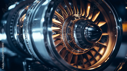 Closeup of a jet engine turbine with metallic blades and glowing light