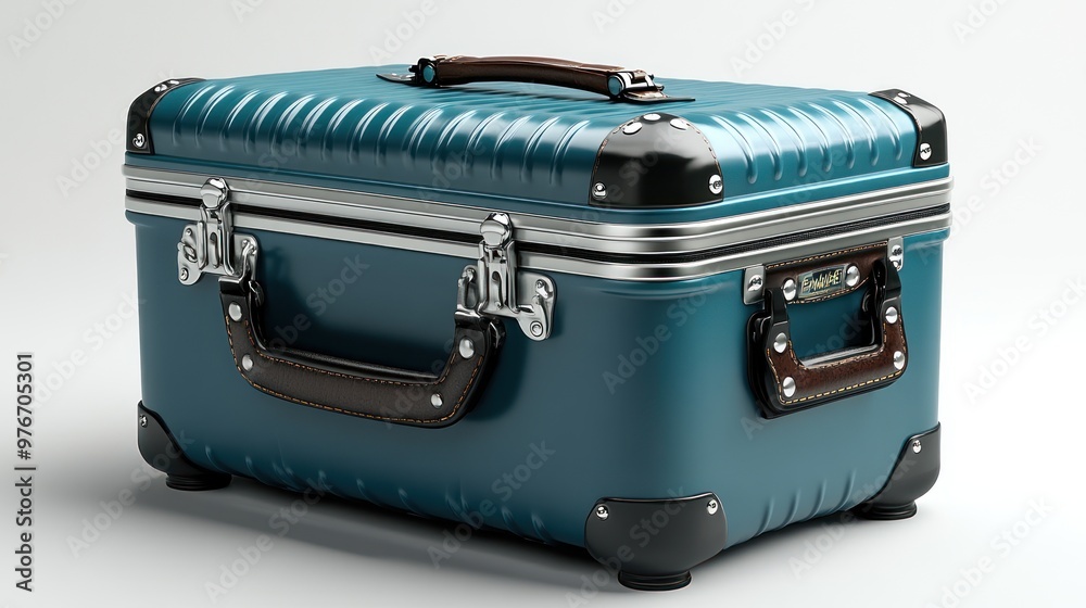 A stylish teal suitcase with metallic accents for travel purposes. A stylish teal suitcase with metallic accents for travel purposes.