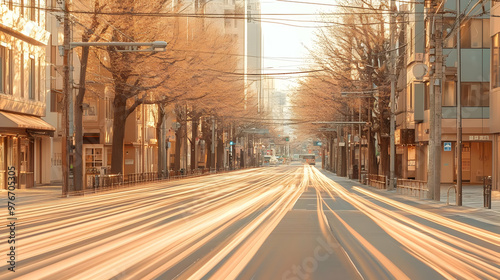 Golden Hour Cityscape with Light Trails on a Busy Street at Dawn