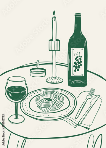 Wine and pasta hand drawn poster for wall art