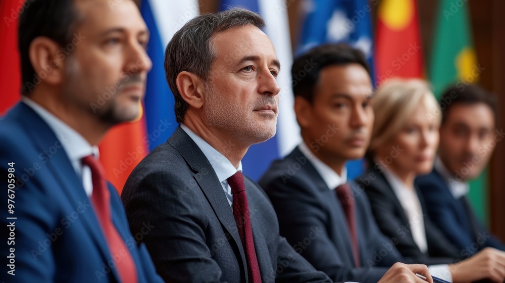 Group of executives negotiating a cross-border deal with international flags behind them, international negotiation, global business discussion Group of executives negotiating a cross-border deal with international flags behind them, international negotiation, global business discussion