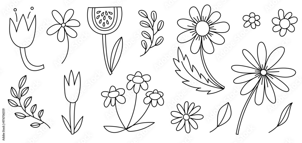 Flower and leaf. Doodle sketch floral set. Vector illustration. Outline drawings Flower and leaf. Doodle sketch floral set. Vector illustration. Outline drawings