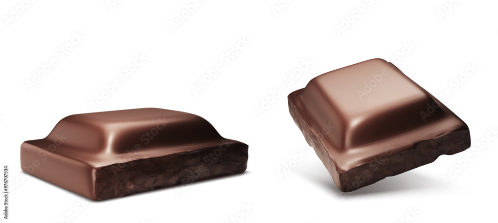 Chocolate bar square piece lying and flying. Realistic 3d vector illustration set of dark brown cocoa sweet dessert chunk. Black or milk broken choco candy single cube. Tasty cacao confectionery. Chocolate bar square piece lying and flying. Realistic 3d vector illustration set of dark brown cocoa sweet dessert chunk. Black or milk broken choco candy single cube. Tasty cacao confectionery.