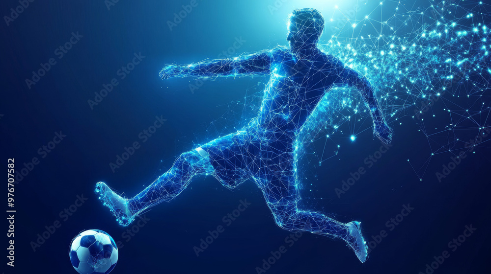 A thin line drawing of a soccer player in motion, created from blue polygons. The football goalkeeper leaps towards the ball in this abstract polygonal design.