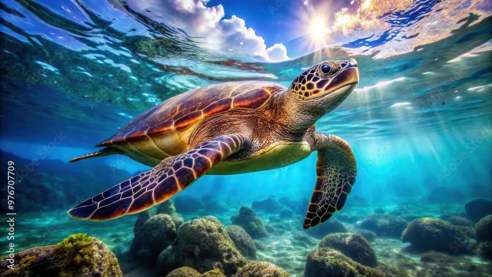 Fototapeta premium Sea Turtle Swimming in Sunlight