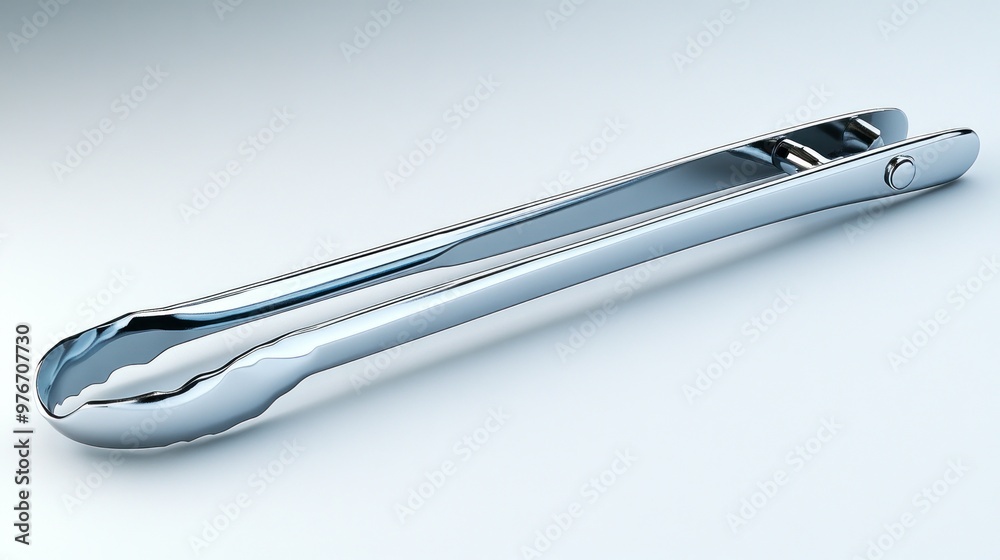 A shiny metal kitchen tong designed for gripping and serving food. A shiny metal kitchen tong designed for gripping and serving food.