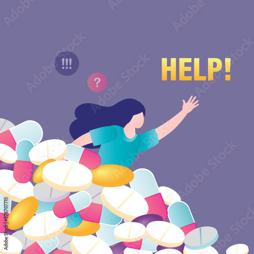 Drug addicted woman in heap of pills, healthcare medicine addiction concept. Antidepressant treatment, medication dependence concept. sick and addicted girl need help.