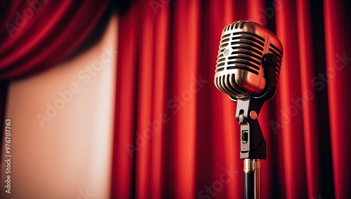 Elegant scene with a vintage silver microphone on a black stand, set against rich, red stage curtains. Ideal for stage or performance-themed designs.