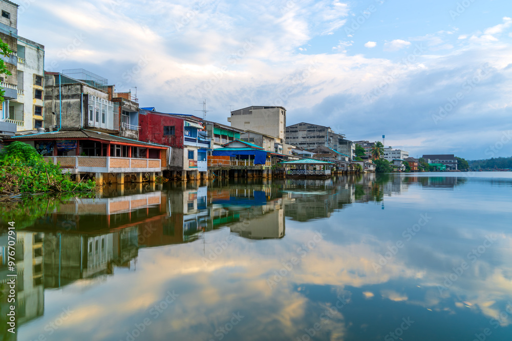 Fototapeta premium People's houses along the Bang Nara River Narathiwat Province, Thailand.