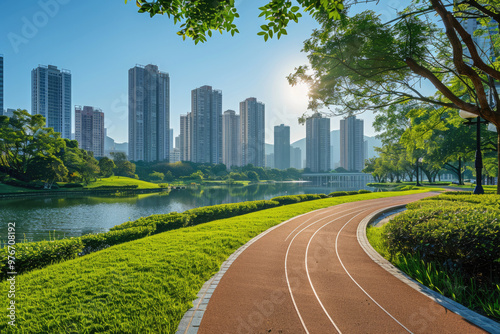 Urban residential communities, pedestrian walkways by the lake