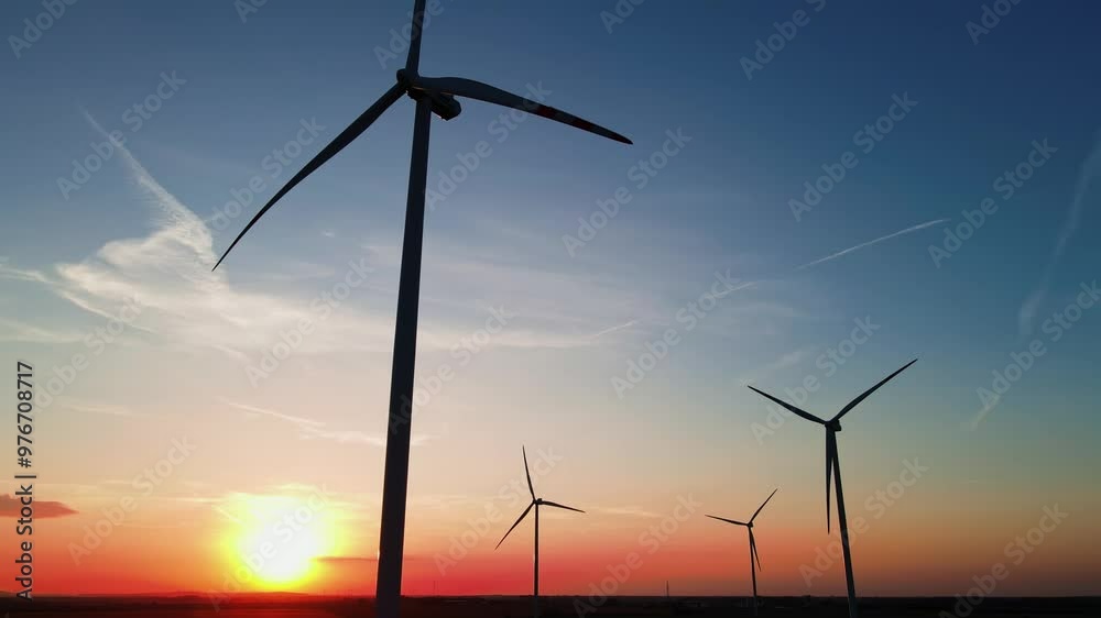 Silhouetted wind turbines in countryside landscape. Wind power plant generating clean energy. Wind farm at sunset. Concept of renewable and sustainable energy Silhouetted wind turbines in countryside landscape. Wind power plant generating clean energy. Wind farm at sunset. Concept of renewable and sustainable energy