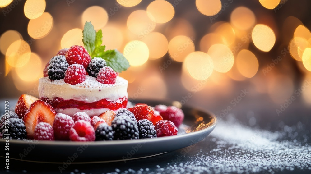 This delightful dessert is adorned with fresh strawberries, raspberries, and blackberries, dusted with sugar and garnished with mint, offering a perfect festive look This delightful dessert is adorned with fresh strawberries, raspberries, and blackberries, dusted with sugar and garnished with mint, offering a perfect festive look