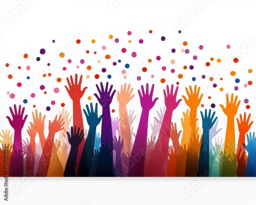 Colorful raised hands celebrate joy and unity, conveying a vibrant atmosphere of festivity and collective enthusiasm.