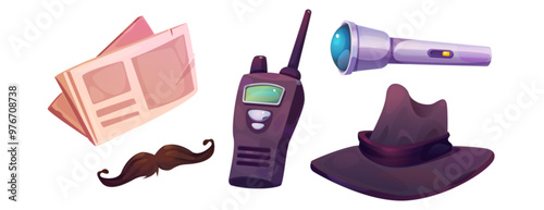 Police detective masking equipment set isolated on white background. Vector cartoon illustration of fake moustache, retro hat and newspaper for secret spying, walkie-talkie radio and flashlight photo