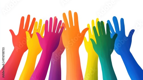 Colorful raised hands represent unity, celebration, and diversity in a vibrant community setting. Ideal for inclusive themes.