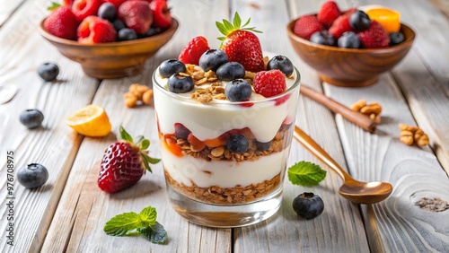 Greek yogurt parfait with granola, mixed berries, and honey on white wooden background