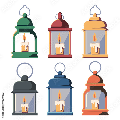 Candle lanterns vector cartoon set isolated on a white background.