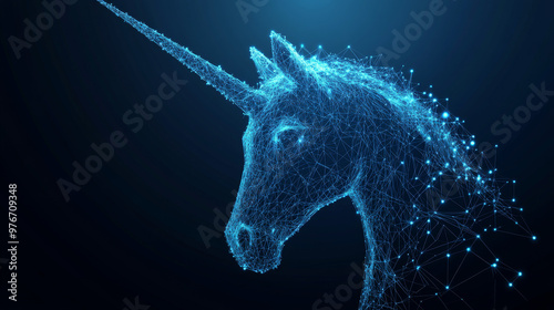 Low poly wireframe illustration of a unicorn. Polygonal depiction of a mythical beast, featuring a fairytale creature with its head in profile, detailed with connected dots and lines. photo